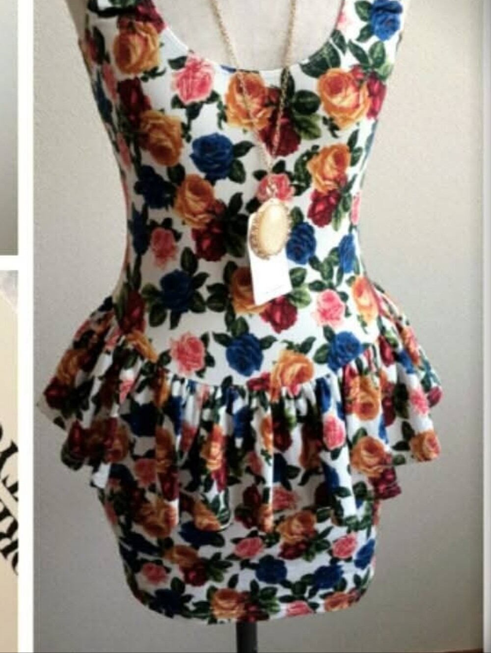 Forever 21 Floral Peplum Dress - White Background with Multicolor Roses